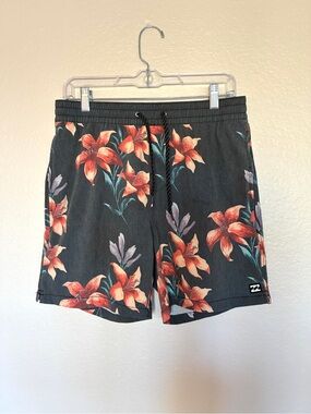 Billabong Black Floral Red Yellow Tropical Board Shorts Adjustable Beach Size S
